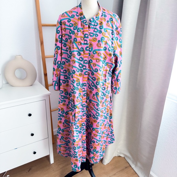 Zuri Fiddlesticks 3/4 Sleeve Kenya Dress Cotton Trapeze Pink Blue 2X Long - Picture 6 of 11